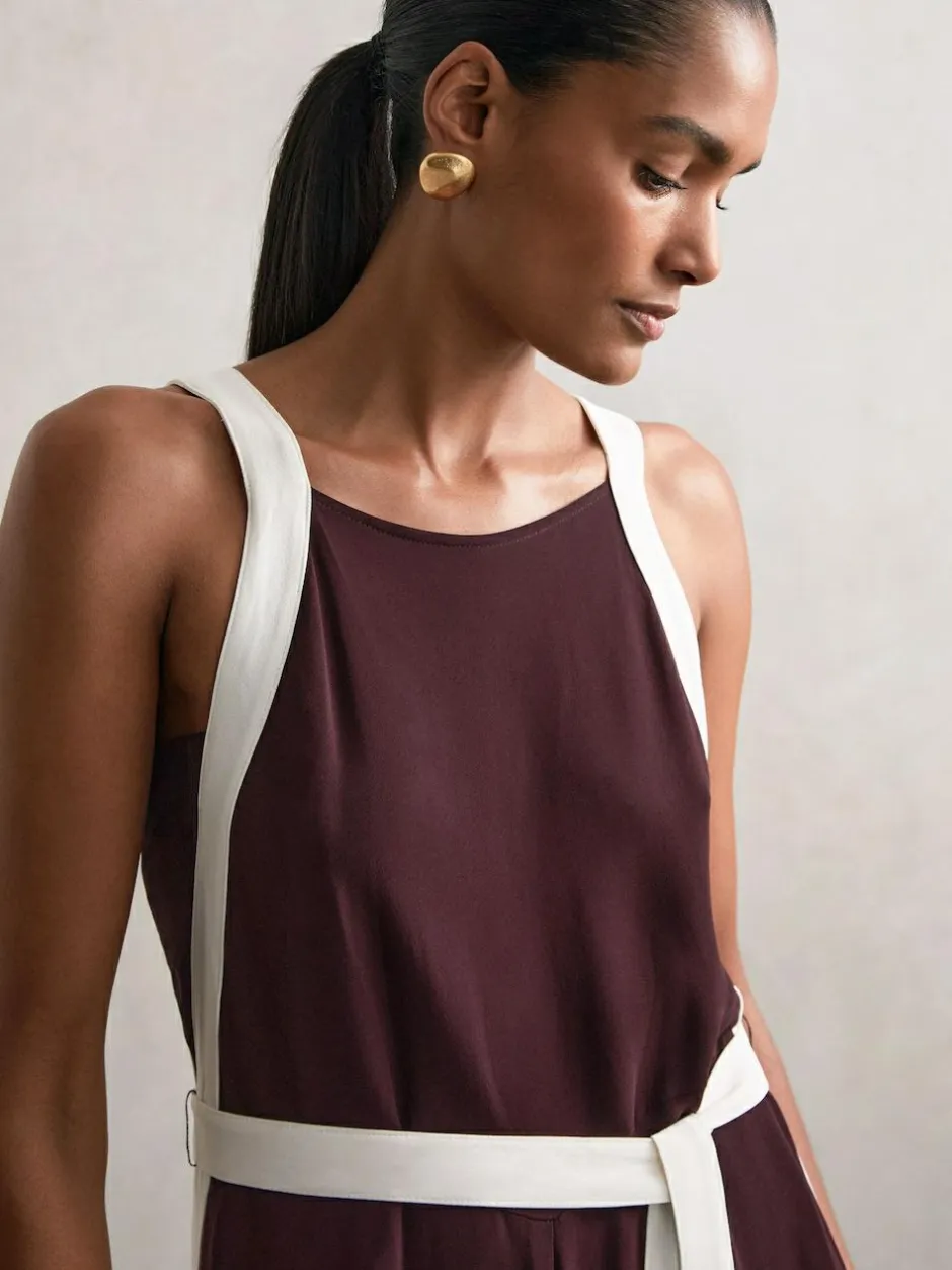 Reiss Salma Colourblock Wide Leg Belted Jumpsuit Burgundy/Cream New