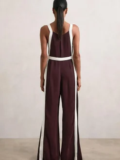 Reiss Salma Colourblock Wide Leg Belted Jumpsuit Burgundy/Cream New