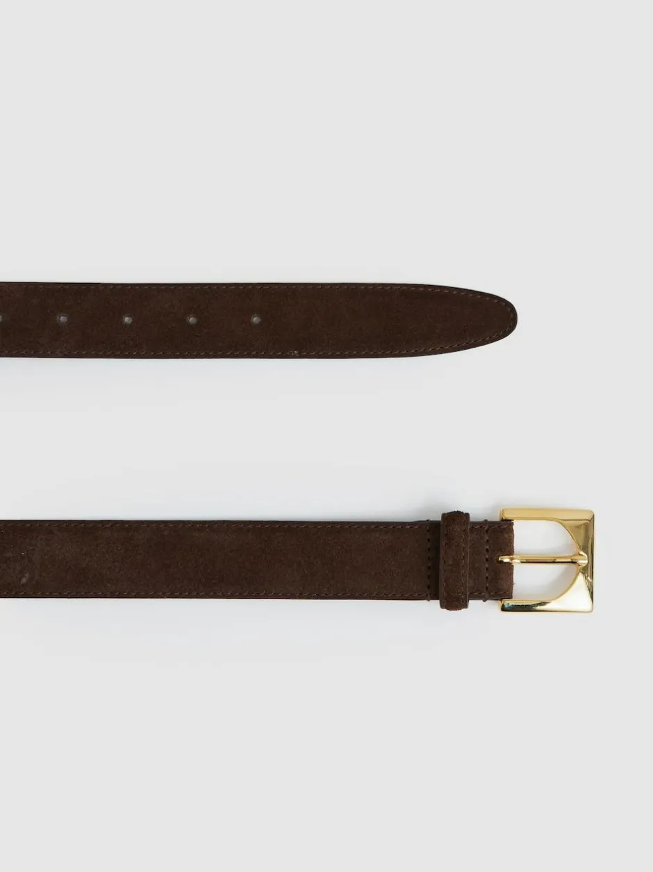Reiss Chocolate Belinda Suede Square-Buckle Belt New