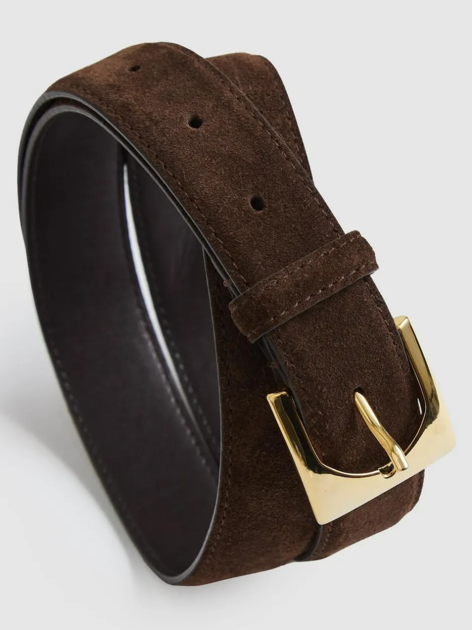 Reiss Chocolate Belinda Suede Square-Buckle Belt New