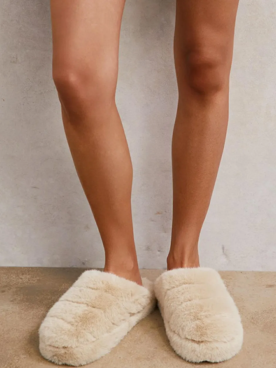 Reiss Andrea Faux Fur Slippers Cream Discount