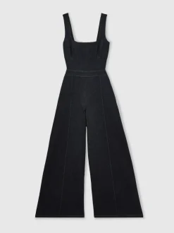 Reiss Dark Blue Dionna Wide-Leg Cut-Out Denim Jumpsuit Online