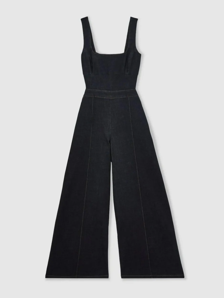 Reiss Dark Blue Dionna Wide-Leg Cut-Out Denim Jumpsuit Online