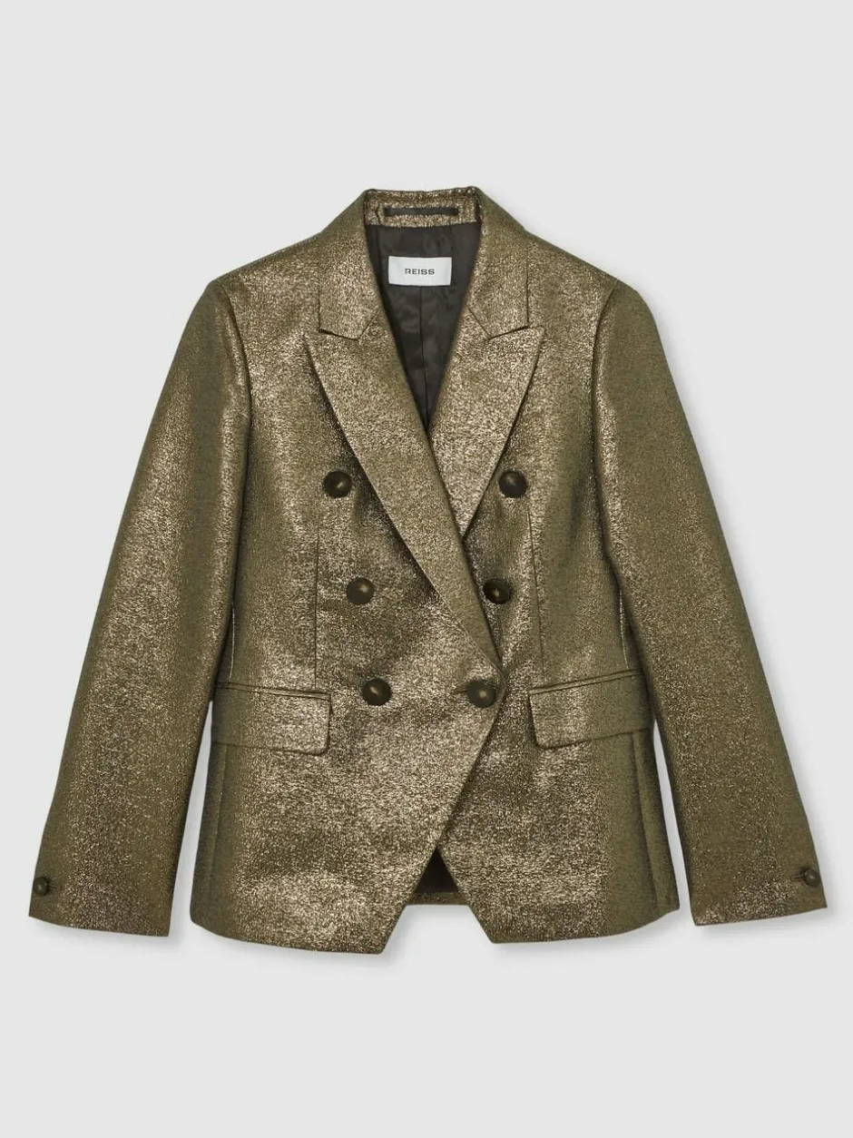 Reiss Sienna Double-Breasted Metallic Suit Blazer with Cotton Gold Clearance