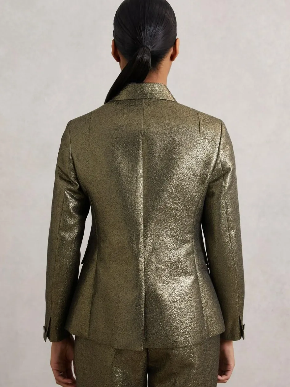 Reiss Sienna Double-Breasted Metallic Suit Blazer with Cotton Gold Clearance
