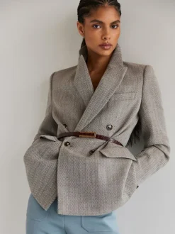 Reiss Grey Ember Herringbone Double-Breasted Blazer Wool-Cotton Discount