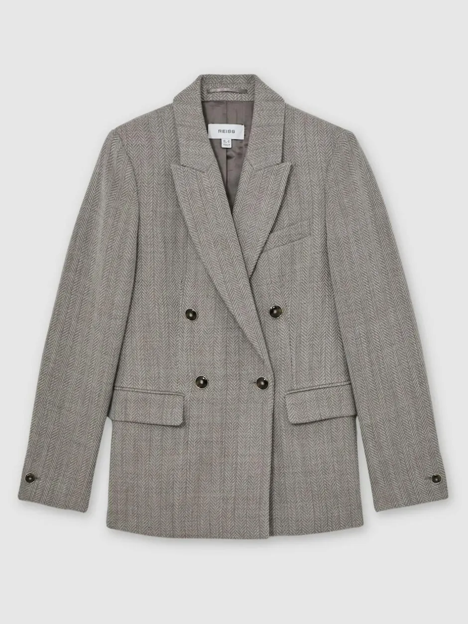 Reiss Grey Ember Herringbone Double-Breasted Blazer Wool-Cotton Discount