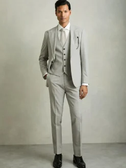 Reiss Grey Slice Puppytooth-Check Suit Waistcoat Wool-Blend Clearance