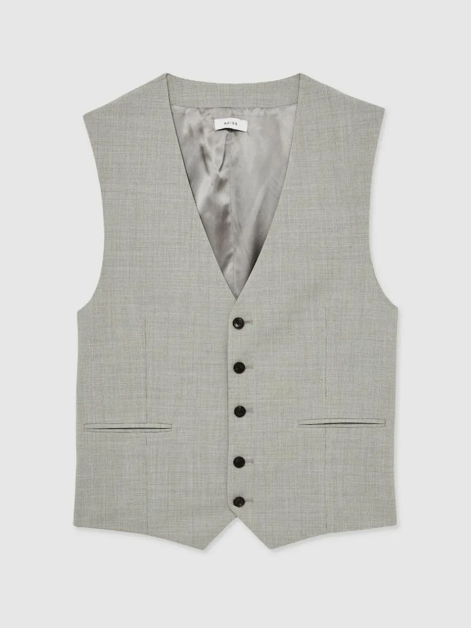 Reiss Grey Slice Puppytooth-Check Suit Waistcoat Wool-Blend Clearance