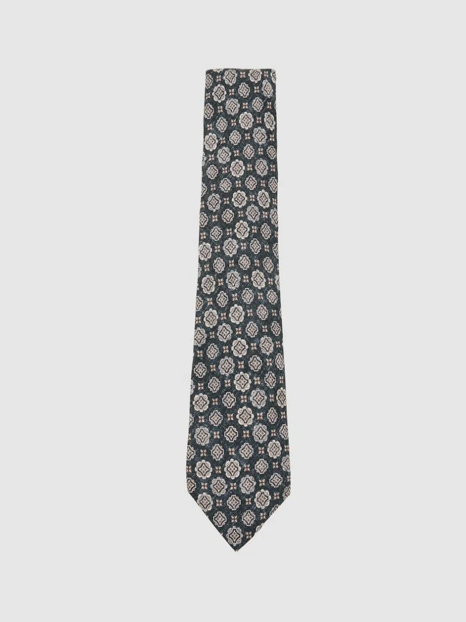 Reiss Indigo Melange Maximo Silk Medallion Print Tie