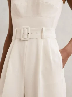 Reiss Ivory Alba Petite Sheer-Panel Wide-Leg Belted Jumpsuit