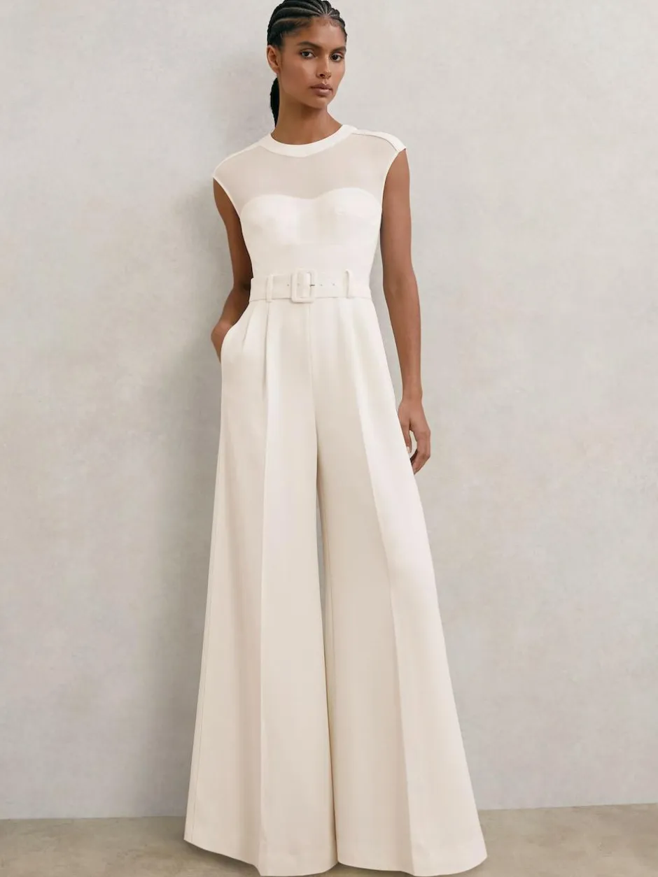 Reiss Ivory Alba Sheer-Panel Wide-Leg Belted Jumpsuit New