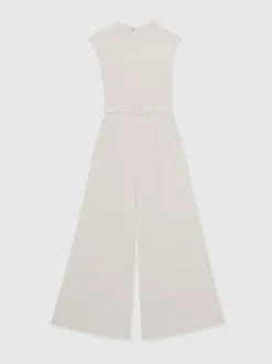 Reiss Ivory Alba Sheer-Panel Wide-Leg Belted Jumpsuit New