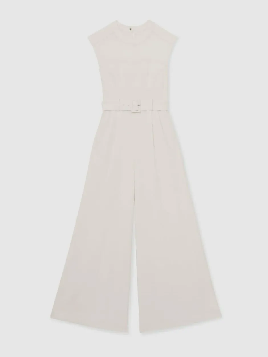 Reiss Ivory Alba Sheer-Panel Wide-Leg Belted Jumpsuit New