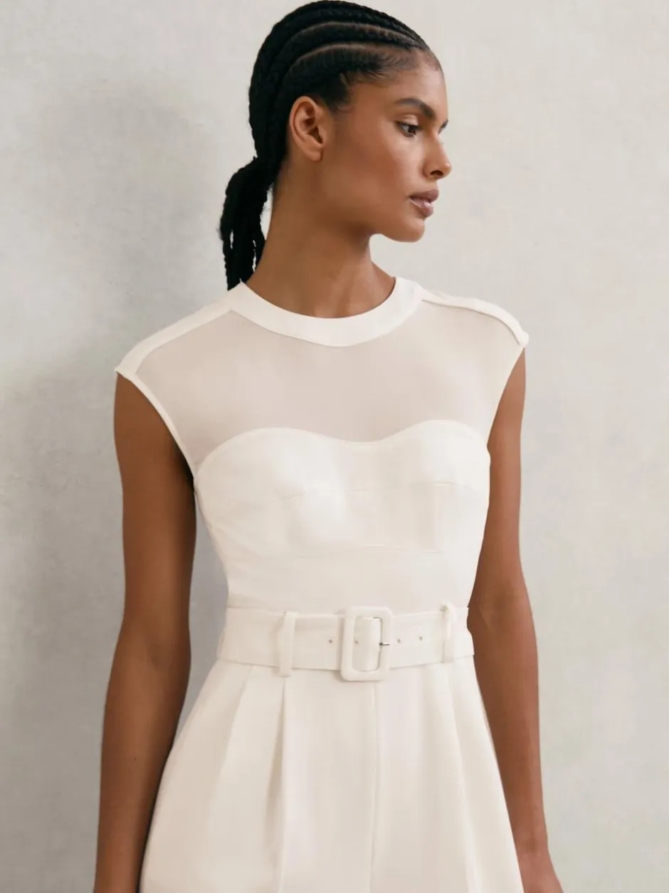 Reiss Ivory Alba Sheer-Panel Wide-Leg Belted Jumpsuit New