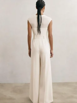 Reiss Ivory Alba Sheer-Panel Wide-Leg Belted Jumpsuit New