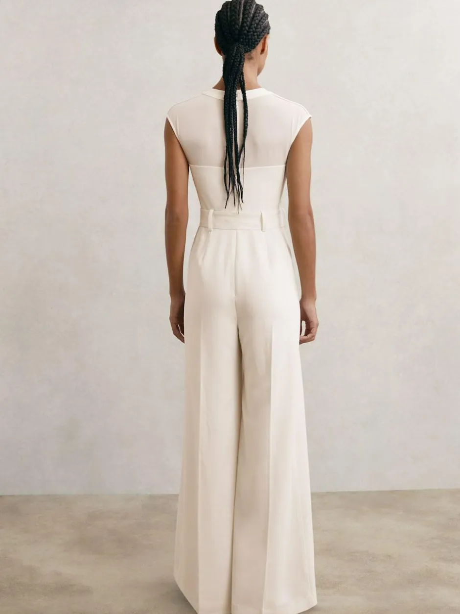 Reiss Ivory Alba Sheer-Panel Wide-Leg Belted Jumpsuit New