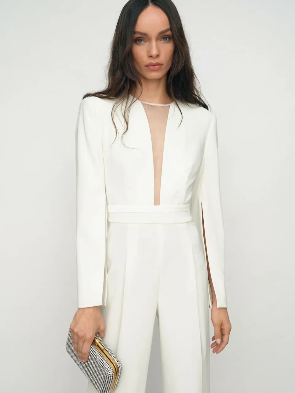 Reiss Evora Plunge-Neck Split-Sleeve Jumpsuit Ivory Clearance