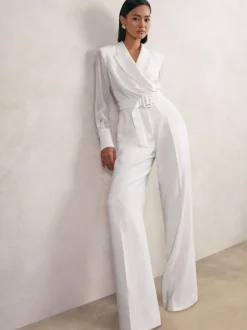 Reiss Ivory Flora Sheer-Sleeve Wide-Leg Tuxedo Jumpsuit Clearance