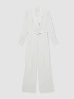 Reiss Ivory Flora Sheer-Sleeve Wide-Leg Tuxedo Jumpsuit Clearance