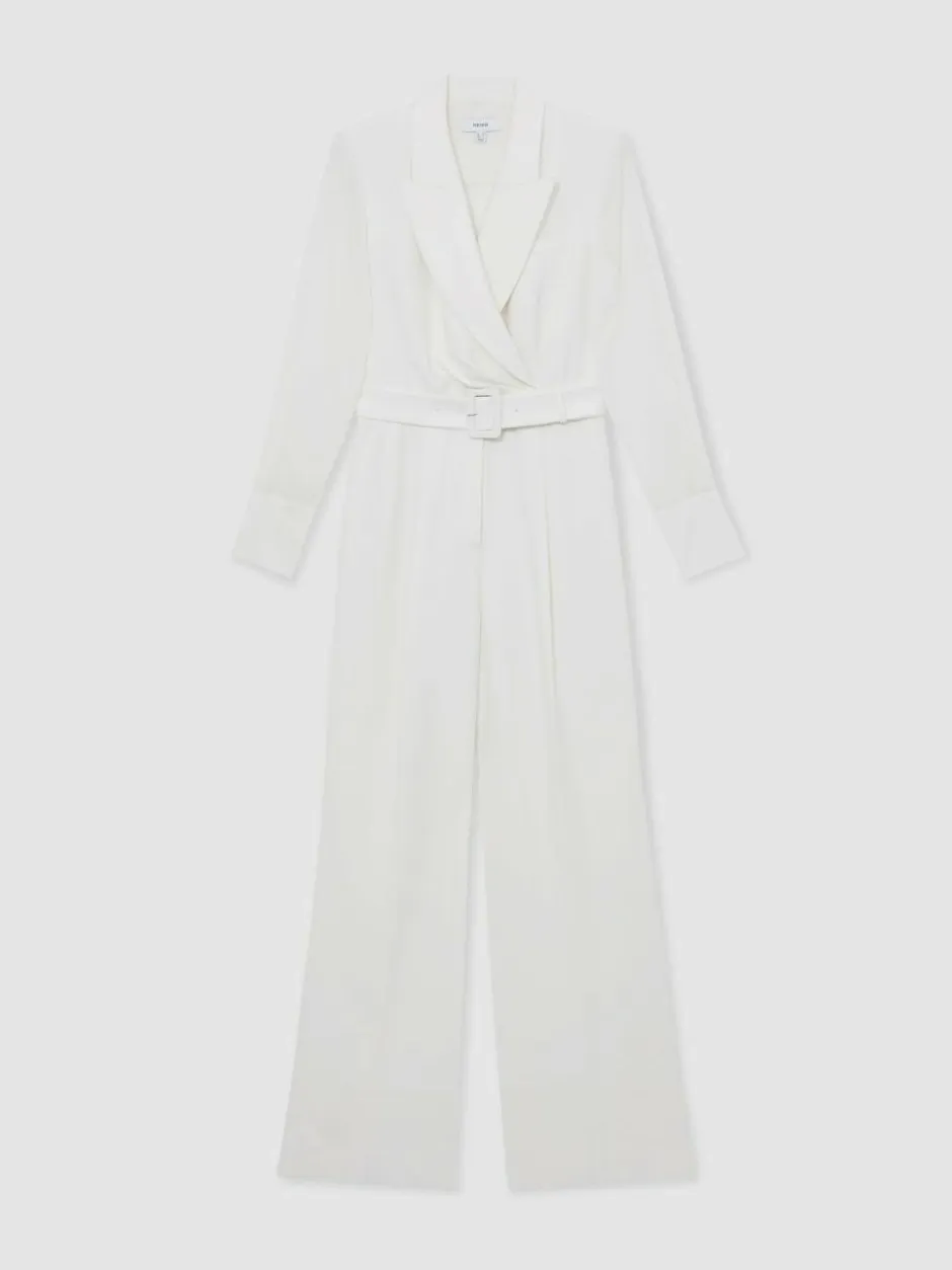 Reiss Ivory Flora Sheer-Sleeve Wide-Leg Tuxedo Jumpsuit Clearance