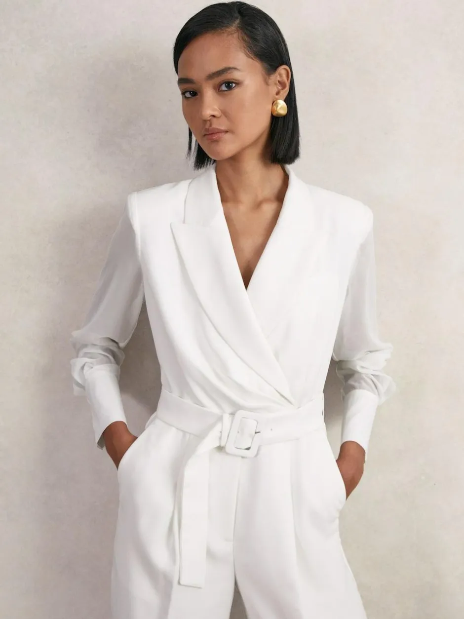 Reiss Ivory Flora Sheer-Sleeve Wide-Leg Tuxedo Jumpsuit Clearance
