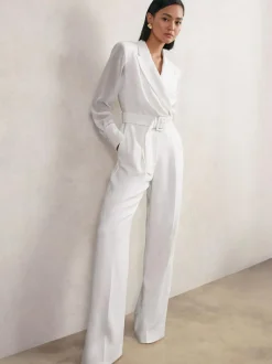 Reiss Ivory Flora Sheer-Sleeve Wide-Leg Tuxedo Jumpsuit Clearance