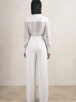 Reiss Ivory Flora Sheer-Sleeve Wide-Leg Tuxedo Jumpsuit Clearance