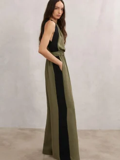 Reiss Khaki Green/Black Inez Colourblock Gathered Wide-Leg Jumpsuit New