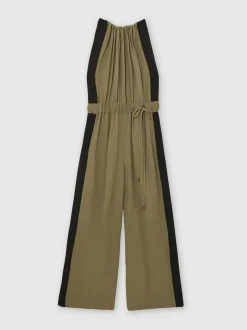 Reiss Khaki Green/Black Inez Colourblock Gathered Wide-Leg Jumpsuit New