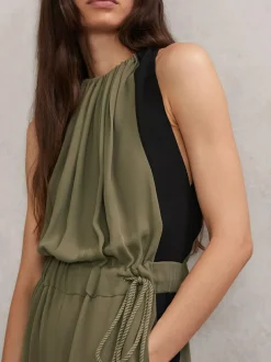 Reiss Khaki Green/Black Inez Colourblock Gathered Wide-Leg Jumpsuit New