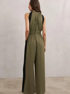 Reiss Khaki Green/Black Inez Colourblock Gathered Wide-Leg Jumpsuit New