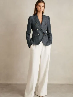 Reiss Navy Baker Linen-Cotton Double-Breasted Blazer