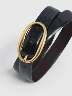 Reiss Drew Patent Leather Oval Buckle Belt Navy Sale