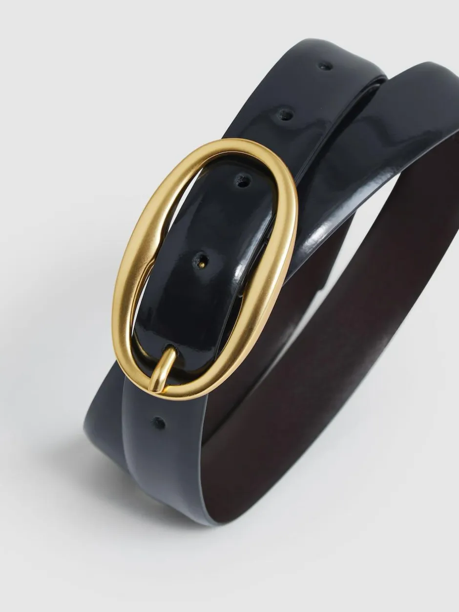 Reiss Drew Patent Leather Oval Buckle Belt Navy Sale