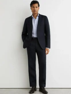Reiss Kin Single Breasted Linen Blazer Tailored-Fit Navy Discount