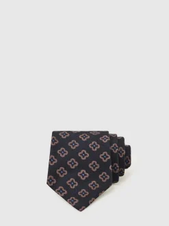 Reiss Navy Omero Silk-Wool Floral-Medallion Tie Online