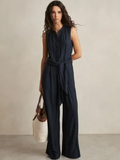 Reiss Navy Raven Wide-Leg Belted Jumpsuit Clearance