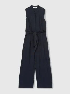 Reiss Navy Raven Wide-Leg Belted Jumpsuit Clearance