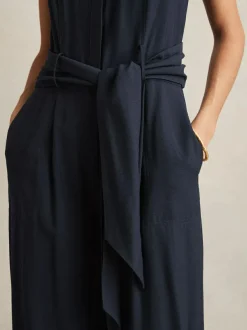 Reiss Navy Raven Wide-Leg Belted Jumpsuit Clearance