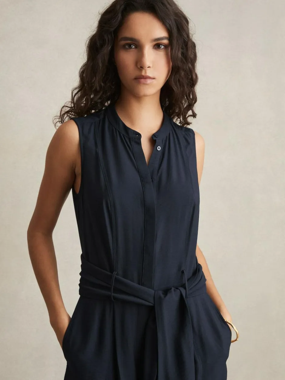Reiss Navy Raven Wide-Leg Belted Jumpsuit Clearance