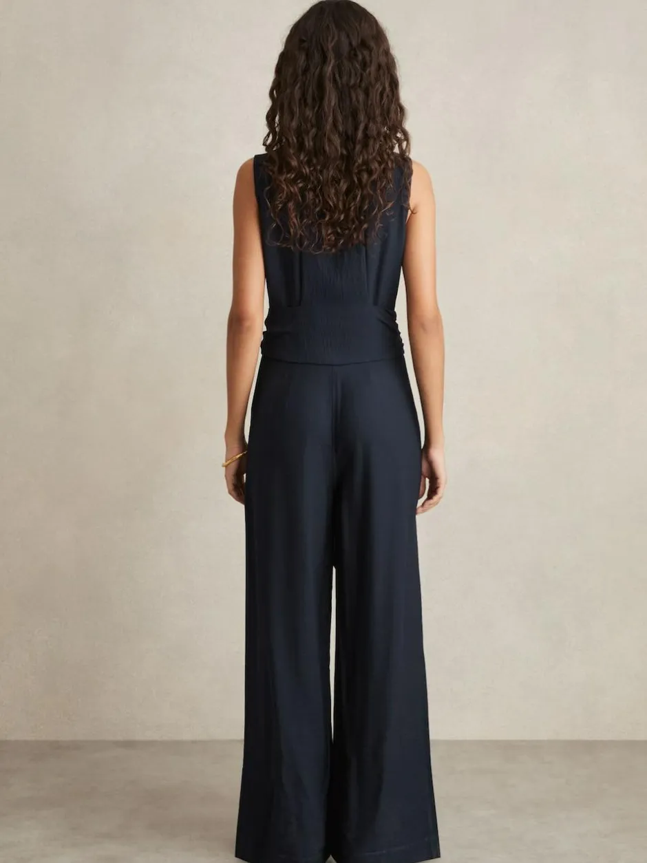 Reiss Navy Raven Wide-Leg Belted Jumpsuit Clearance