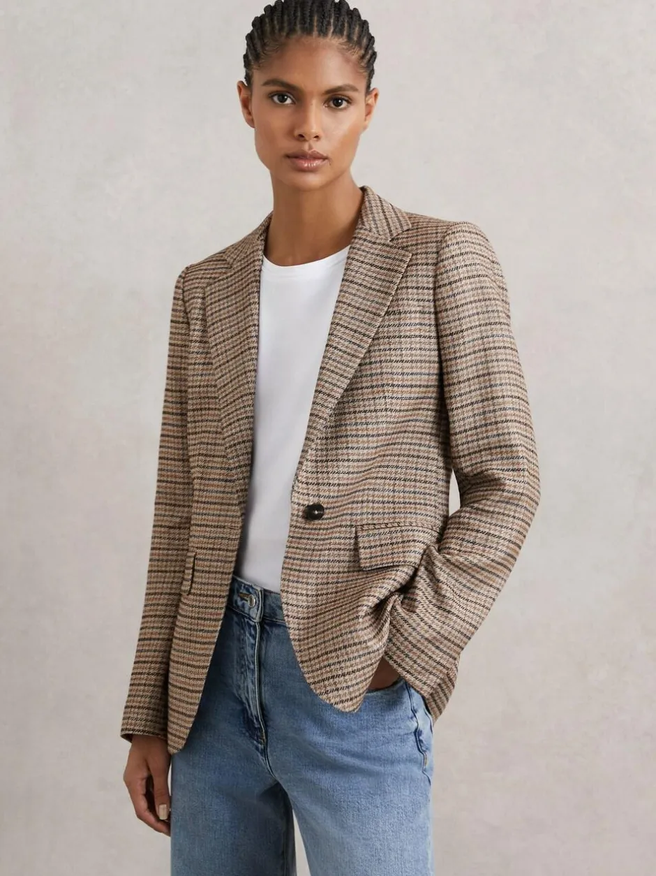 Reiss Neutral Check River Single-Breasted Check Suit Blazer With Linen Sale