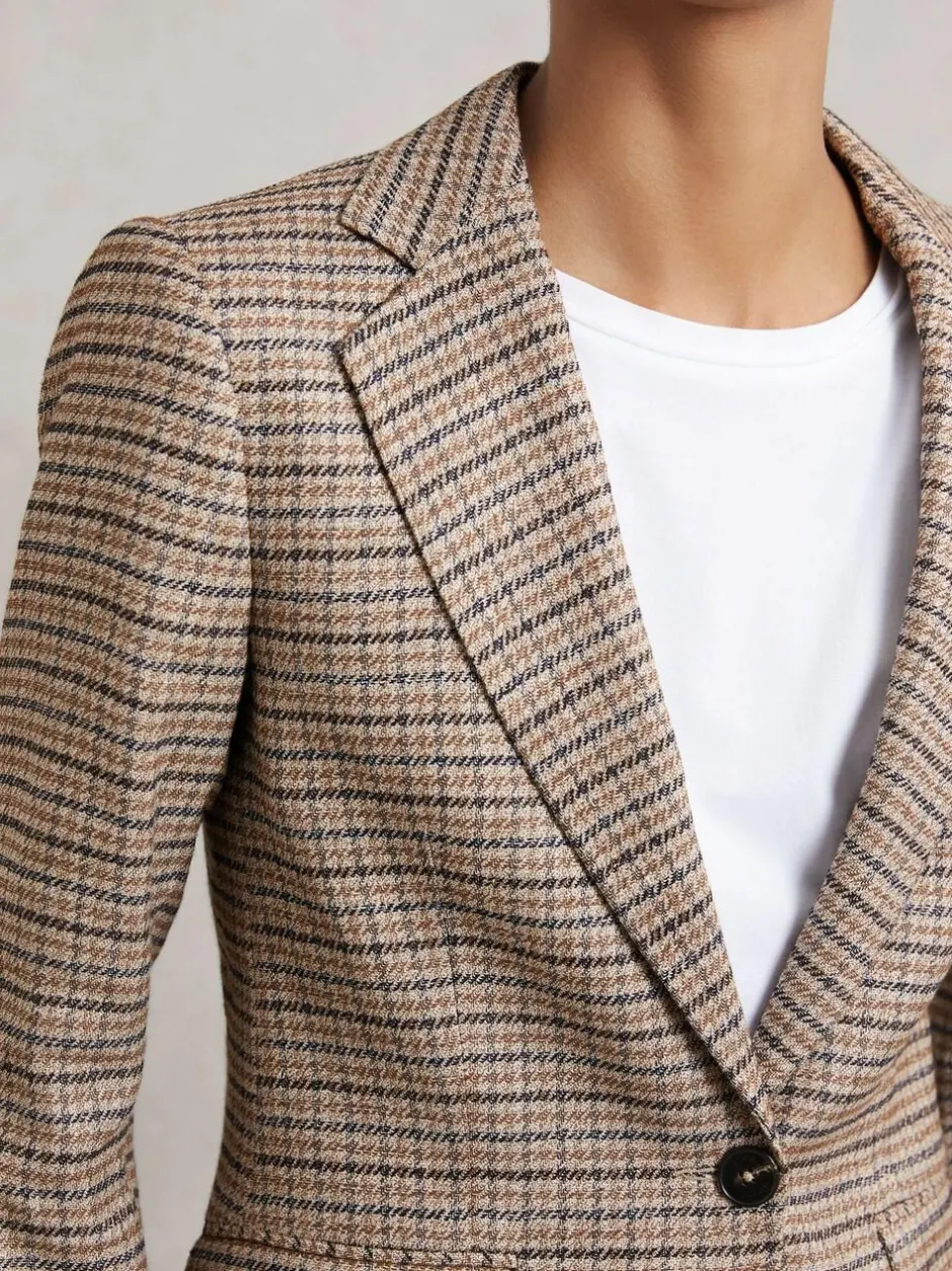 Reiss Neutral Check River Single-Breasted Check Suit Blazer With Linen Sale