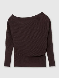 Reiss Lorna Asymmetric Draped Knitted Jumper Plum Outlet