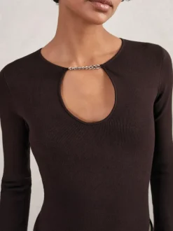Reiss Tilly Chain-Detail Keyhole Knit Top Plum Hot