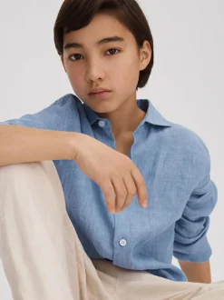 Reiss Ruban 3-9 yrs Linen Cutaway Collar Shirt Sky Blue