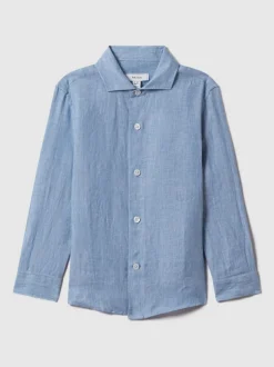 Reiss Ruban 3-9 yrs Linen Cutaway Collar Shirt Sky Blue