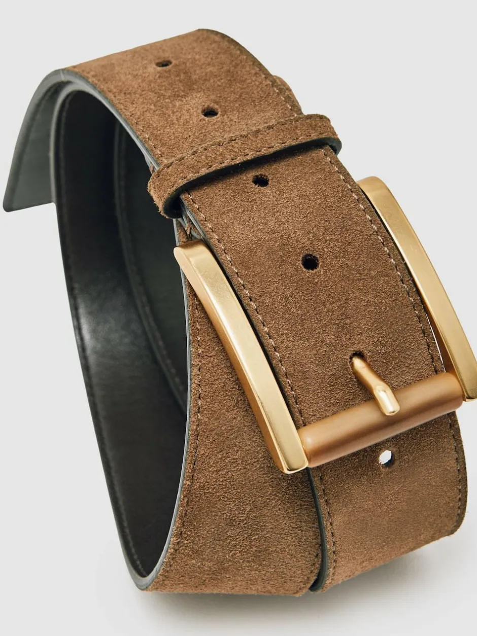 Reiss Tan Rosie Suede Square Roller Buckle Belt Hot