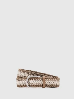 Reiss Taupe Brown/Off White Ellis Woven Stripe Belt Outlet
